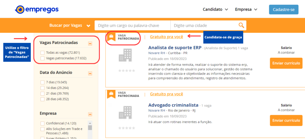 Tela de vagas patrocinas no site Empregos.com.br